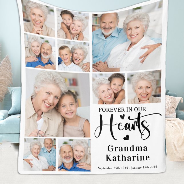 För alltid i vår Hearts 10 Photo Collage Memorial Fleecefilt (Skapare uppladdad)