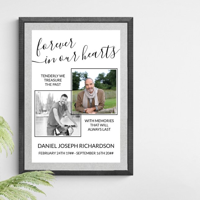 För alltid i vår Hearts Anpassningsbar Photo Memor Poster (Funeral memorial poster to order professionally printed or as a printable digital download)