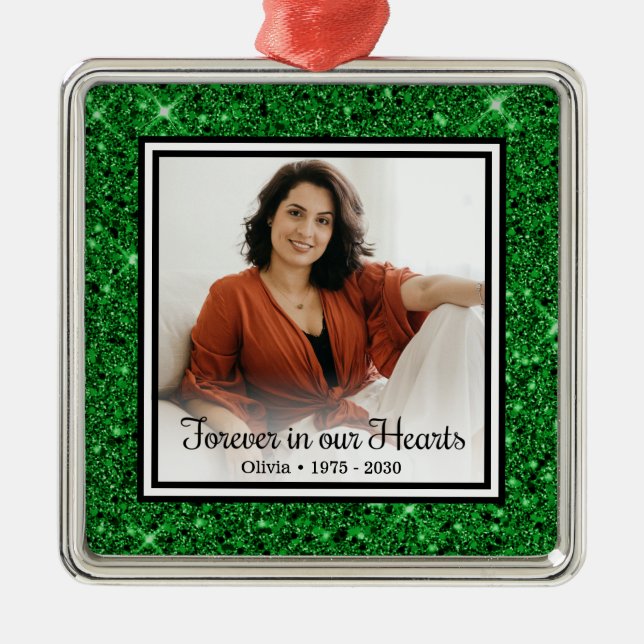 För alltid i vår minnesstund Grönt Glitter Julgransprydnad Metall (Framsidan)