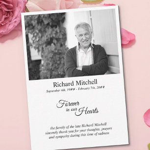 För alltid i våra hjärtan - enkelt svart och vitt  tack kort