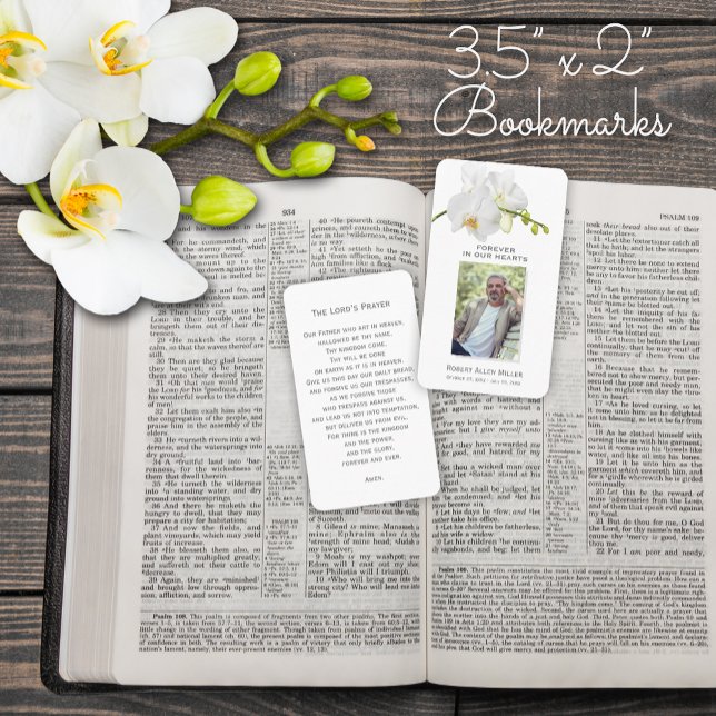 För alltid i våra hjärtan - fotopatsterkort visitkort (3.5 x 2" Forever in Our Hearts Photo Funeral Remembrance Cards with the Lord's Prayer on the back.)