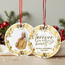 För alltid i våra hjärtan, guldfotnotsminne julgransprydnad keramik