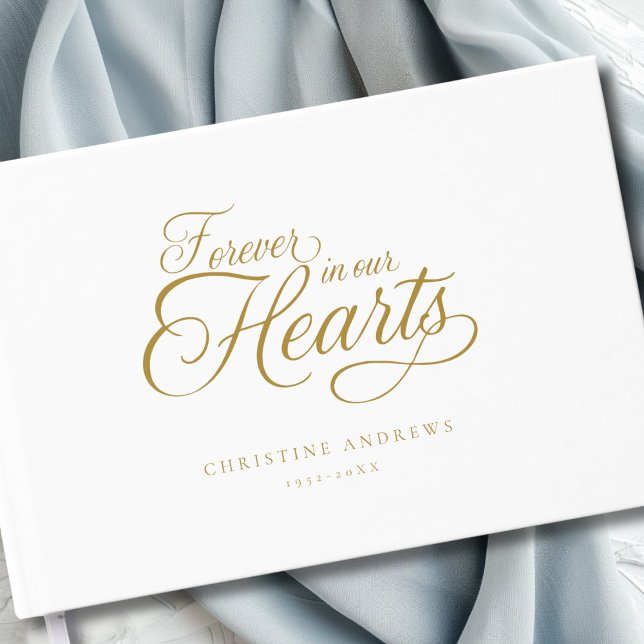 "För alltid i våra hjärtan" Keepsaké Funeral Gästböcker (Elegant, Minimalist, Script Font "Forever in our Hearts" Custom White Guest Book.)