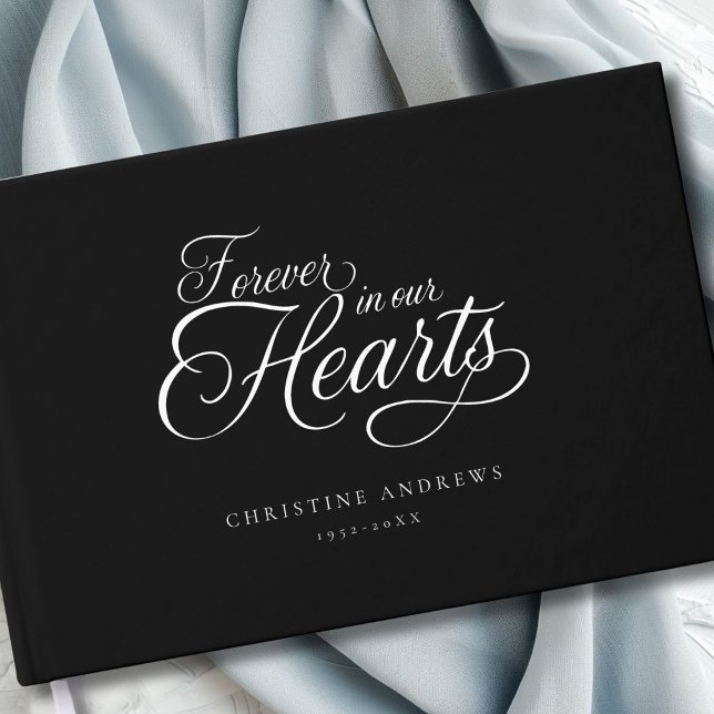 "För alltid i våra hjärtan" Keepsaké Funeral Gästböcker (Elegant, Minimalist, Script Font "Forever in our Hearts" Custom Guest Book.)