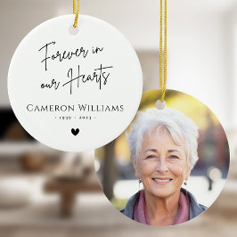 För alltid i våra hjärtan, minnesbild, modern vit julgransprydnad keramik