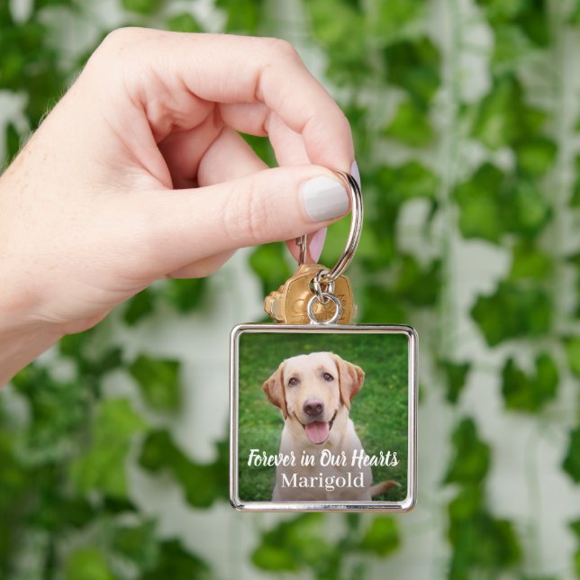 För alltid i våra hjärtan.. Pet Hund Photo Keepsak Fyrkantig Silverfärgad Nyckelring (Hand)