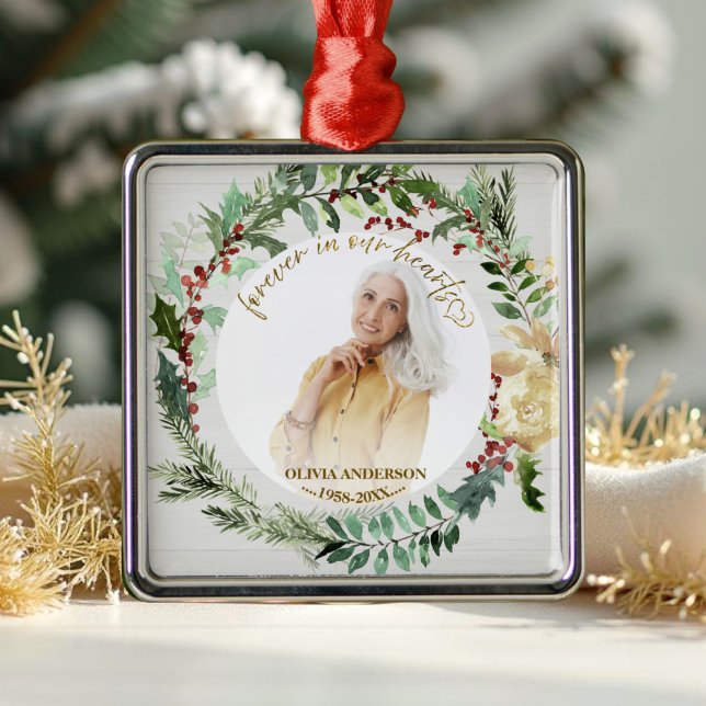 För alltid i våra hjärtan | Wreaths Photo Memorial Julgransprydnad Metall (Skapare uppladdad)
