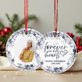 För alltid i vårt hörn, silverfärgat fotominnesmär julgransprydnad keramik