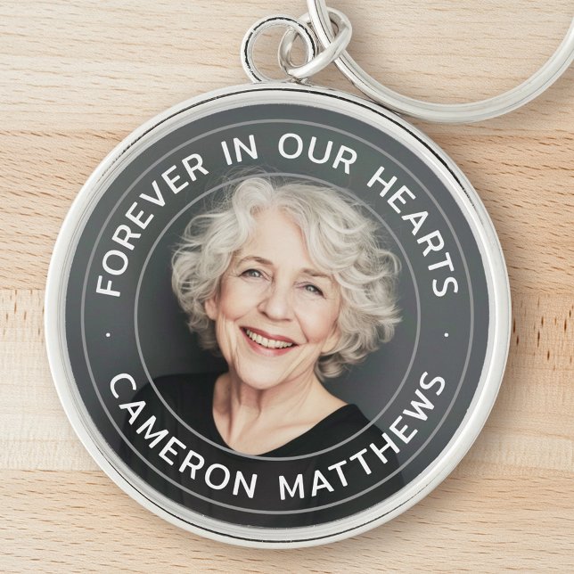 För alltid i vårt minnesfoto i våra hjärtan rund silverfärgad nyckelring (Forever in our hearts memorial full photo keychain)