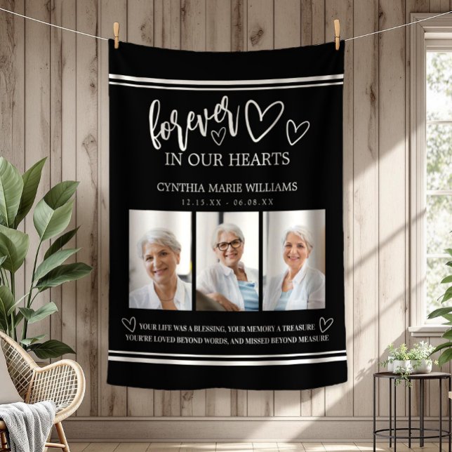 För alltid i vårt minnesfotokollage fleecefilt (Forever In Our Hearts Memorial Photo Collage Black and White Elegant Typography Fleece Blanket)