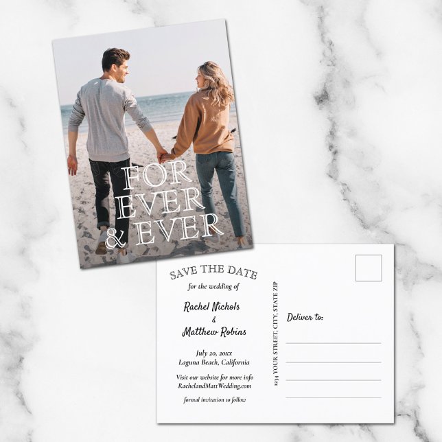 För alltid och alltid vit text Bröllop spara datum Meddelande Vykort (Skapare uppladdad)