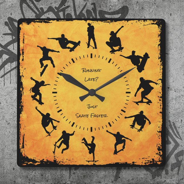 För alltid på min Gult Skateboarding Clock Fyrkantig Klocka (Forever On My Board Skateboarding Clock Yellow)