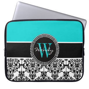 För Aquasvart för personlig initial damast Laptop Sleeve