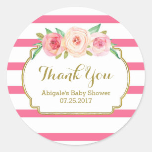 För baby showerfavör för randar rosa blom- guld- runt klistermärke
