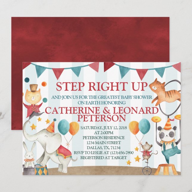 För baby showerinbjudan för cirkus djur inbjudan (Fram/baksida)