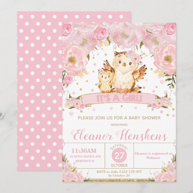 För baby showerinbjudan för uggla blom- flicka inbjudningar (Fram/baksida)