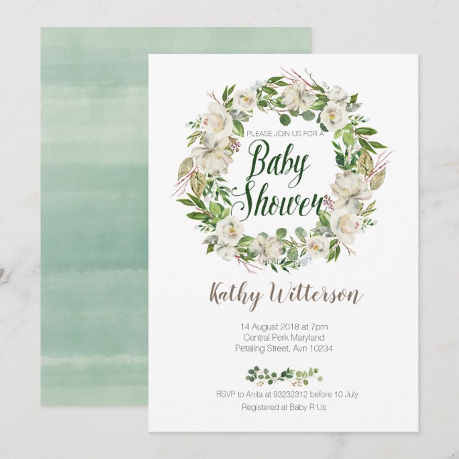 För baby showerinbjudan för vit blom- kort (Fram/baksida)
