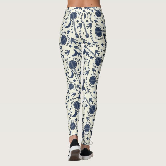 För Banjo Players Blue och Cream Folk Art Mönster Leggings (Baksida)
