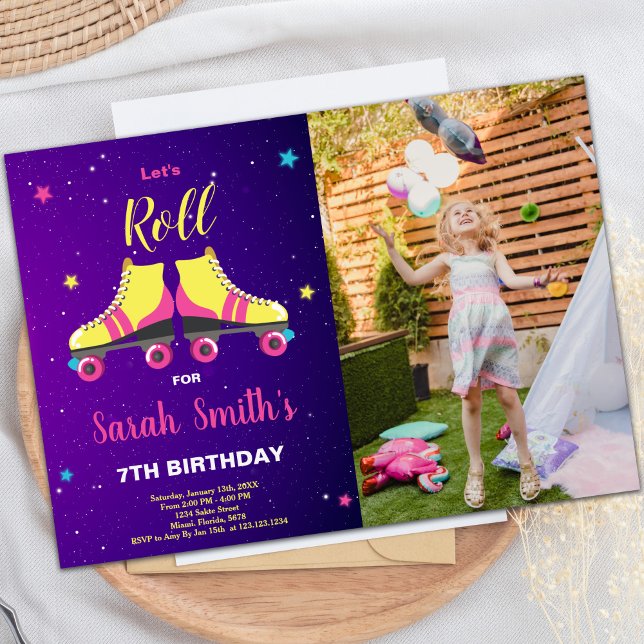 för barn för anpassadets Skattepartsinbjudningar Inbjudningar (Pink Roller birthday invitations with photo)