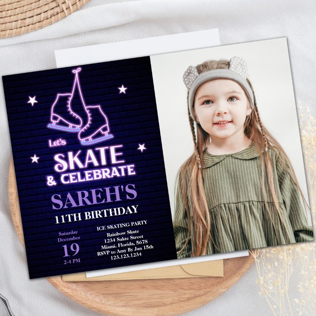för barn för anpassadets Skattepartsinbjudningar Inbjudningar (Ice Skating Birthday Invitations with photo)