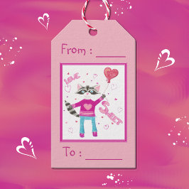 För barn för gåva till Cute raccoon Valentine Day- Presentetikett