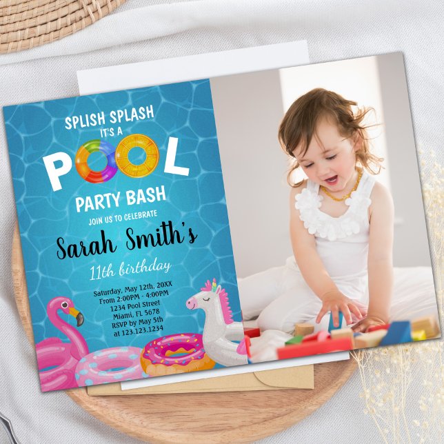 för barn för inbjudan till Anpassade Bassäng-parti (Water Pool Birthday Invitations with photo)