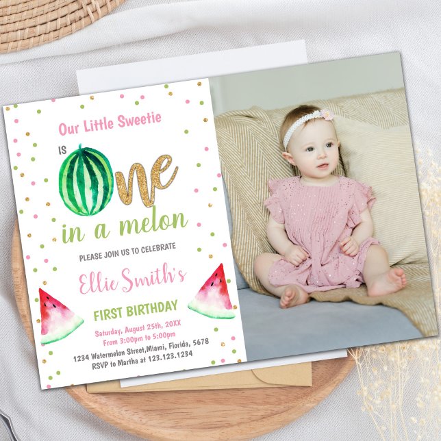 för barn för inbjudan till anpassadets sommarparti (Glitter Watermelon Birthday Invitations with photo)