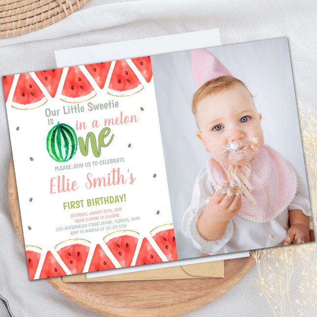 för barn för inbjudan till anpassadets sommarparti (One in melon Watermelon Birthday Invitations photo)