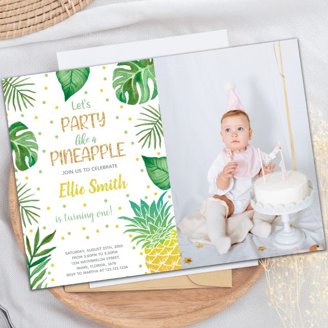 för barn för inbjudan till Tropical Party- för anp (Green Pineapple Invitations with photo)