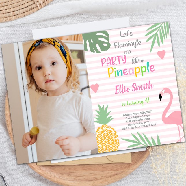 för barn för inbjudan till Tropical Party- för anp (Pink Flamingo Birthday Invitations with photo)