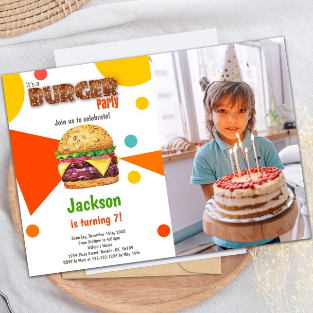 för barn för inbjudningar till Anpassade Burger-pa (Burger Birthday Invitations with photo)