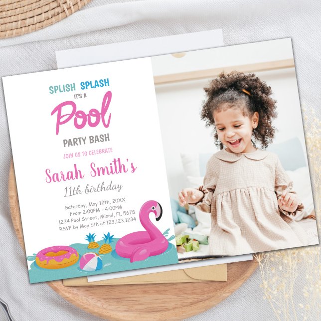 för barn för inbjudningar till Anpassade Roligt Ba (Pink Flamingo Pool Birthday Invitations with photo)