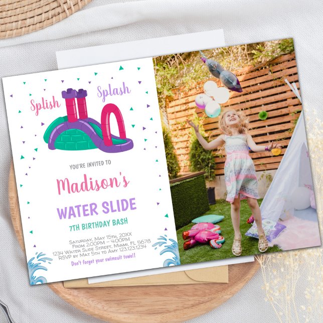 för barn för inbjudningar till Anpassade Roligt Ba (Purple Pink Water Slide Birthday Invitations photo)