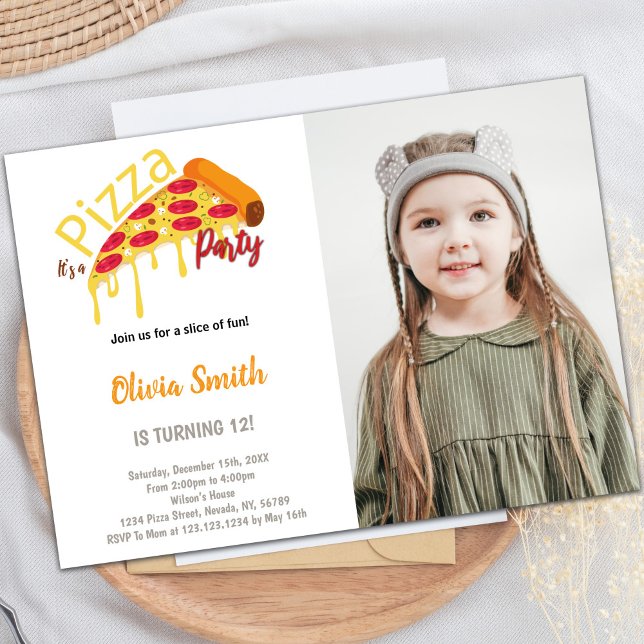 för barn för inbjudningar till anpassadet Pizza-pa (Slice Pizza Birthday Invitations with photo)