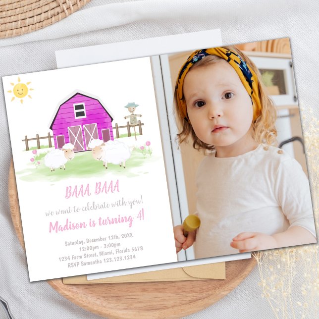 för barn för inbjudningar till anpassadets födelse (Pink House Farm Invitations with photo)