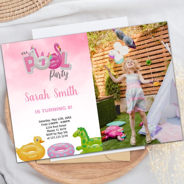 för barn för inbjudningar till anpassadets Roligt- (Unicorn Flamingo Pool Birthday Invitations photo)