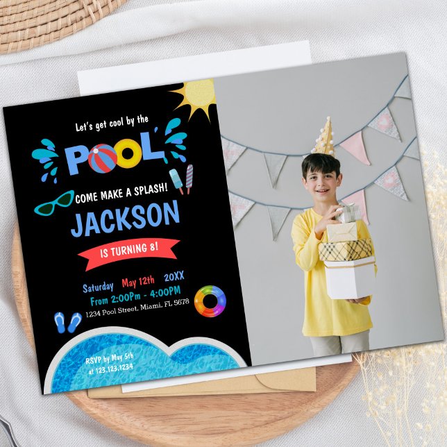 för barn för inbjudningar till anpassadets Roligt- (Water Photo Ice cream Pool Birthday Invitations)