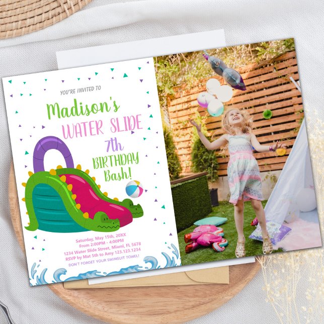 för barn för inbjudningar till anpassadets Roligt- (Green Pink Water Slide Birthday Invitations photo)