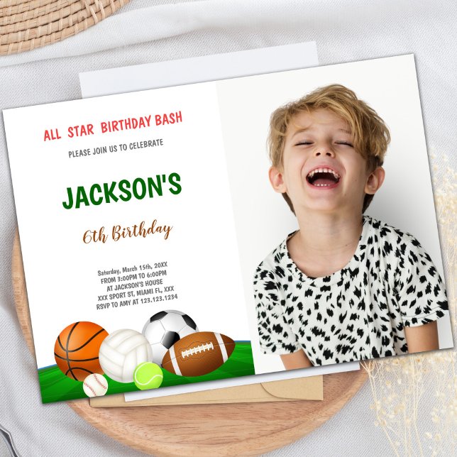 för barn för inbjudningar till anpassadets Roligt- (All Star Bash Sports Birthday Invitations w photo)