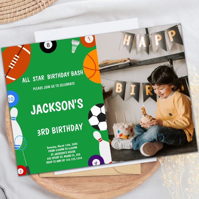 för barn för inbjudningar till anpassadets Roligt- (Green Sports Birthday Invitations with photo)