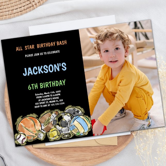 för barn för inbjudningar till anpassadets Roligt- (Black Sports Birthday Invitations with photo)