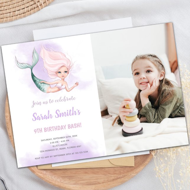 för barn för inbjudningar till anpassadets Sjöjung (Blond Mermaid Birthday Invitations with photo)