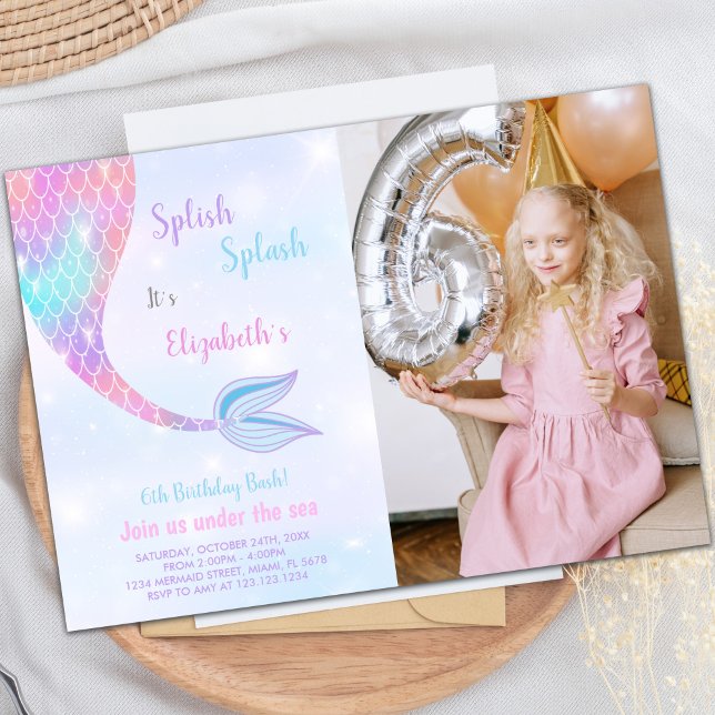 för barn för inbjudningar till anpassadets Sjöjung (Splash Splish Mermaid Birthday Invitations w photo)
