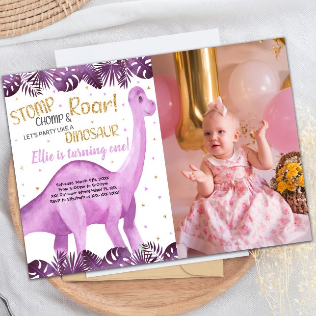 för barn för inbjudningar till Dinosaur-partiet fö (Pink Glitter Dinosaur Birthday Invitations w photo)
