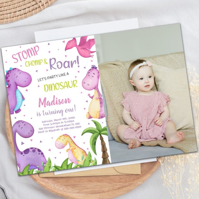 för barn för inbjudningar till Dinosaur-partiet fö (Pink Purple Dinosaur Birthday Invitations w photo)