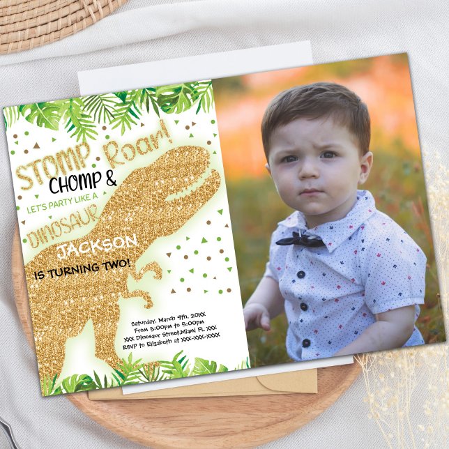 för barn för inbjudningar till Dinosaur-partiet fö (Photo Green Glitter Dinosaur Birthday Invitations)