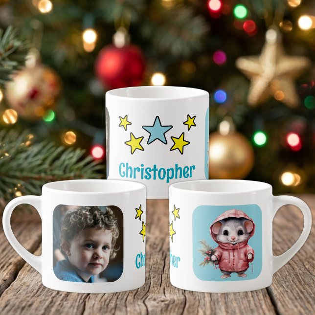 För barn foto namn mus jul blå espressomugg (Skapare uppladdad)
