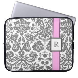 För beställnings- rosa blom- damast Monogramgrå Laptop Sleeve