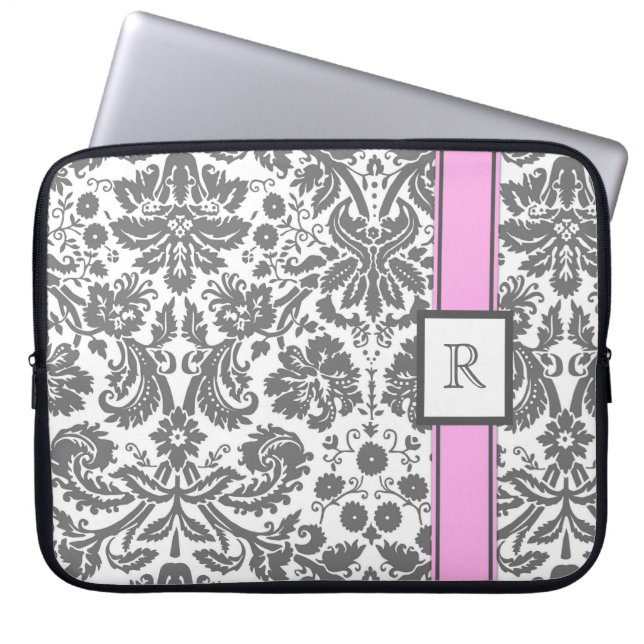 För beställnings- rosa blom- damast Monogramgrå Laptop Sleeve (Framsidan)