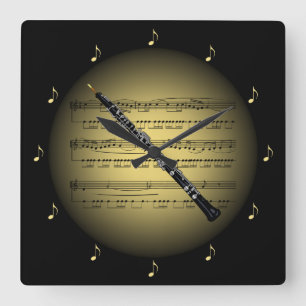 ~ för BG för svart för ~ för notblad för Oboe 3-D Fyrkantig Klocka